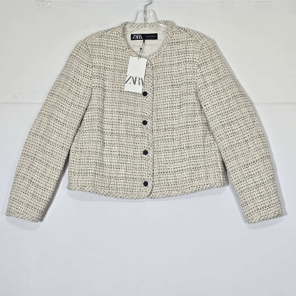 NWT Zara Textured Quilted Cropped Puffer Jacket M Cream Black